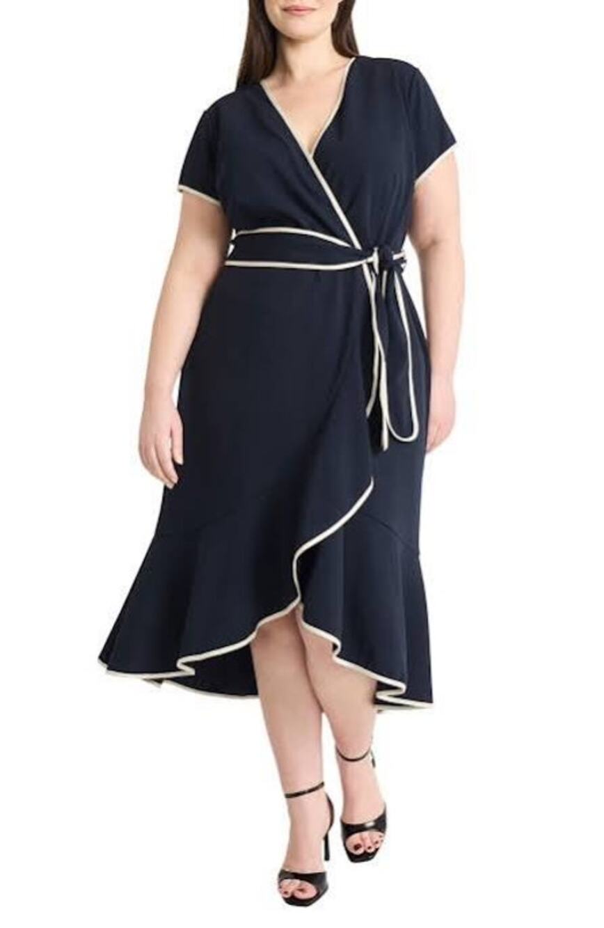 Maggy London Navy Blue Belted Wrap Dress Short Sleeve Size 18. NEW!